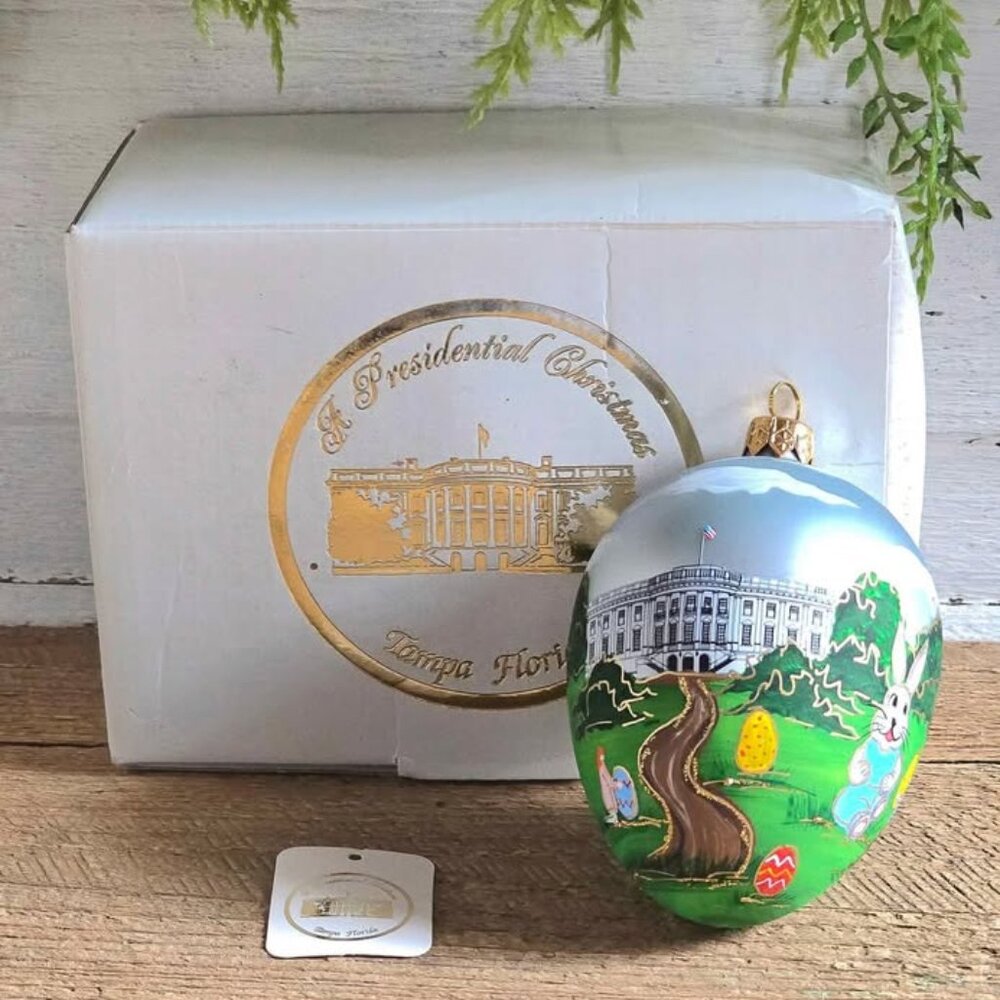 Vintage Presidential Christmas Easter Egg Roll Mouthblown Hand Painted Ornament